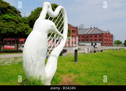 A Seagull Statue and the Aka Renga Soko Warehouses, Yokohama JP Stock Photo