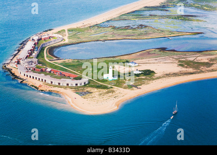 Aerial. Hurst Castle / fort, shingle spit and lighthouse. Keyhaven. Entrance to the Solent. Near Milford on Sea, Hampshire. UK Stock Photo