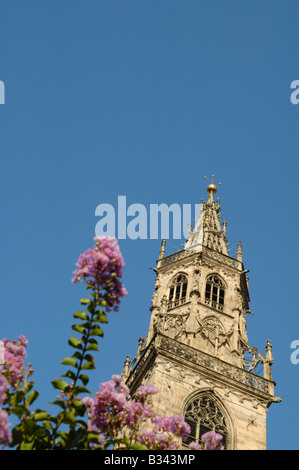 The  Cathedral  of  our  Lady  of  the  Assumption,  Bolzano,  Italy,  seen  from  Piazza  Walther  in  midsummer. Stock Photo