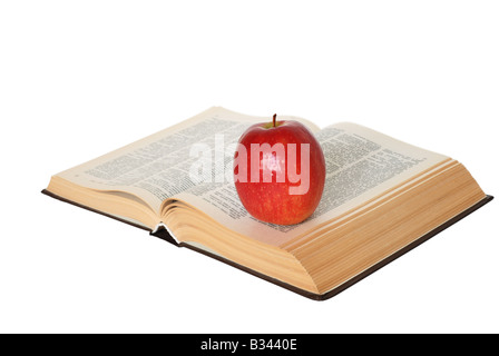 Open book with an apple isolated on white Stock Photo
