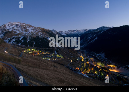 Dawn view of the ski resort Baqueira Beret in the Aran Valley, Lleida, Spain Stock Photo