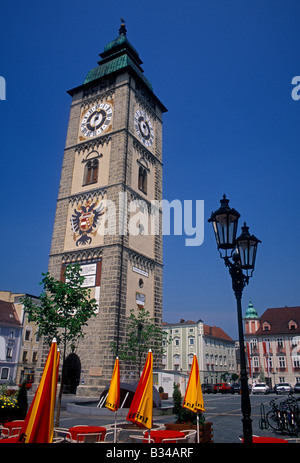 clock tower, city tower, main square, Enns, Upper Austria, Upper Austria State, Austria, Europe Stock Photo