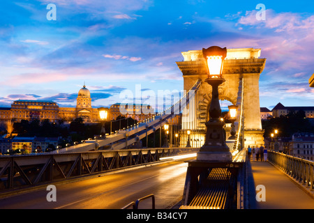 the chain bridge at night in Budapest Hungary Stock Photo