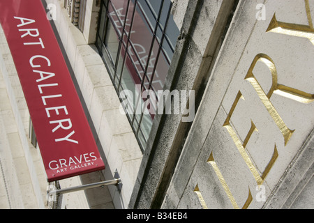 City of Sheffield, England. Close up view of the Graves Art Gallery and Central Library sign and entrance at Surrey Street. Stock Photo