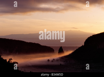 Kenya, Naivasha, Hell's Gate National Park. Early morning ground mist surrounds Fischer's Tower, an ancient volcanic plug, in a Stock Photo