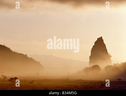 Kenya, Naivasha, Hell's Gate National Park. Early morning ground mist surrounds Fischer's Tower, an ancient volcanic plug, in a Stock Photo