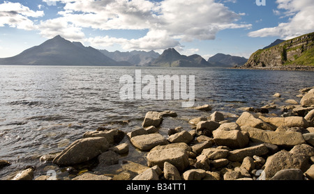 A view along the beach at Elgol on the Isel of Skye Scotland towards the famous Cullin mountain range Stock Photo