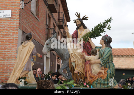 A Float or PASOS depicting Jesus Christ entering Jerusalem on donkey at the start of Palm Sunday procession in Tordesillas Spain Stock Photo