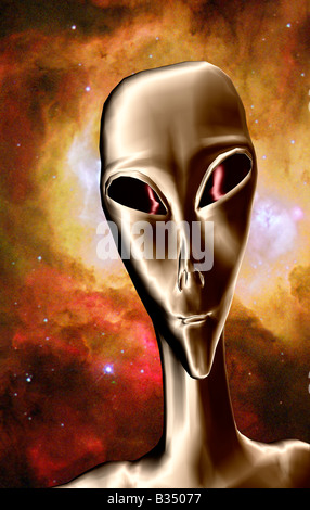 futuristic 3D computer generated bionic male alien head on background of digital NASA view outer space Stock Photo