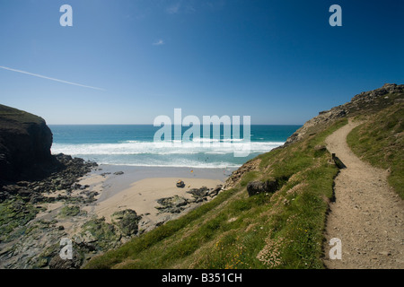 Chapel Porth beach cove in summer sunshine with Atlantic surf North Cornwall West Country England UK United Kingdom GB Stock Photo