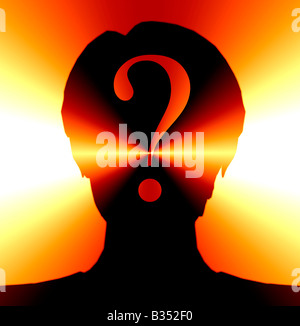 abstract silhouette of female head with question mark composited over face Stock Photo