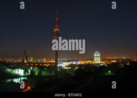 Europa, Germany, Bavaria, Munich, Olympic Tower, Olympiaturm, Olympiapark, Park, at night Stock Photo