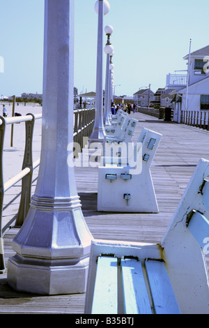 Row of benches on boardwalk Stock Photo
