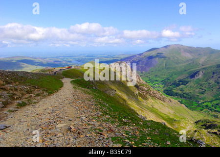 Looking down llanberis path towards Clogwyn railway station on the Snowdon Mountain Railway overlooking Llanberis Pass Stock Photo