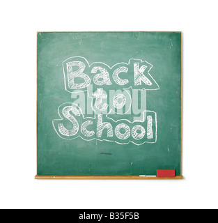 Old chalkboard isolated on white with the phrase Back to school written on it Stock Photo