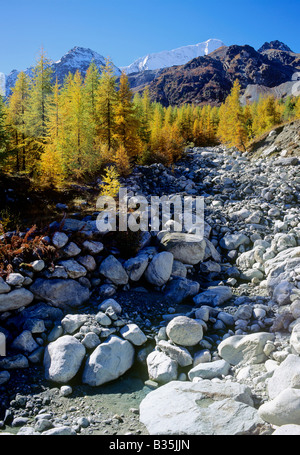 dry bed of mountain creek near settlement of arolla arolla valley swiss alpes canton of valais switzerland Stock Photo