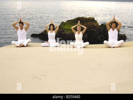 Two young men and two young women practicing yoga Stock Photo