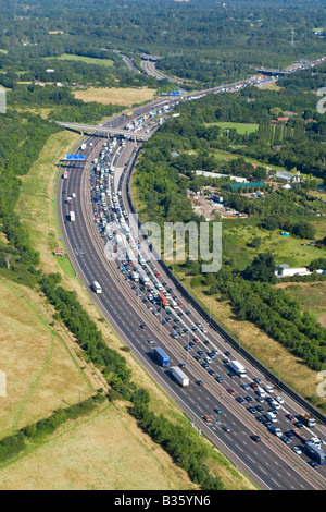 Helicopter aerial shot of traffic congestion on the M25 motorway around London England Stock Photo