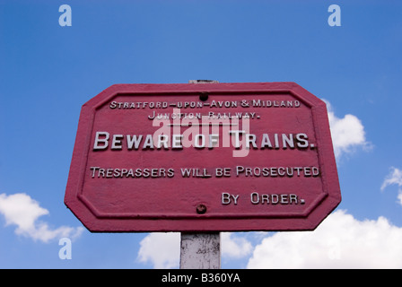 Beware of trains sign at Bressingham,Norfolk,uk Stock Photo