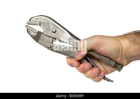 Hand gripping a mole (or self locking) wrench Stock Photo