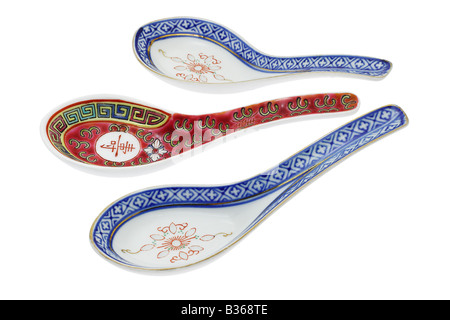 Chinese ceramic spoons with traditional design and calligraphy Stock Photo