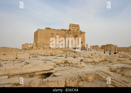 Tourists at the Temple of Bel in the Roman Ruins of Palmyra in Syria Stock Photo