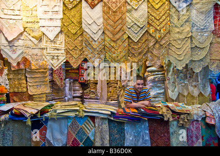 Textile Vendor Inside the Souk in the Old City in Damascus Syria Stock Photo