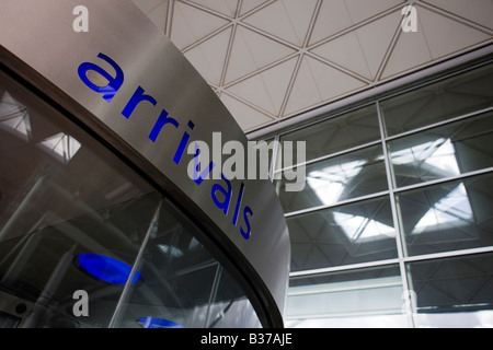 Arrival sign at London Stansted Airport in Essex UK operated by BAA the British Airport Authority Stock Photo