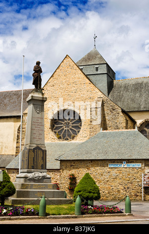 Paimpont war memorial and the Abbey de Paimpont, Ille et Vilaine, Brittany, France, Europe Stock Photo