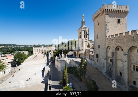 View over the Place du Palais towards the Cathedral of Notre Dame des Doms, Palais des Papes, Avignon, Provence, France Stock Photo