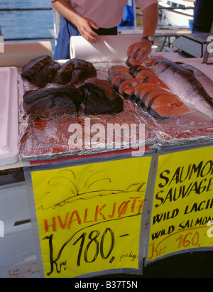 Hvalkjøtt (whale meat) for sale at the fish market, Torget, Bergen, Hordaland, Norway. Stock Photo