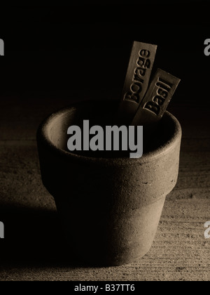 terracotta flowerpot and plant stakes on wooden background Stock Photo