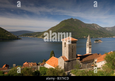 View of Saint Nikola church and village of Perast on Bay of Kotor Kotorski near Kotor in Montenegro Stock Photo