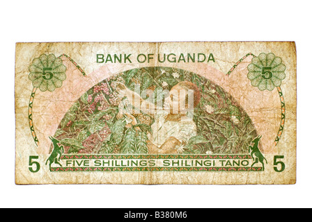 Used Bank Note, Uganda 5 Shillings, East Africa Currency from 1982 Stock Photo
