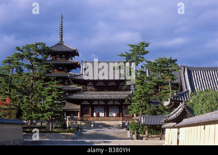 Main entry gate and five-story pagoda of Horyuji Temple near Nara the oldest wooden buildings in Japan Stock Photo