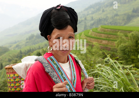 Long haired women from Huangluo Yao Village These women only have one haircut during their life Ping An Rice Terraces Longsheng Stock Photo