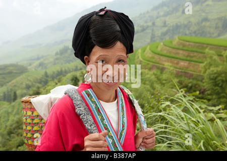 Long haired women from Huangluo Yao Village These women only have one haircut during their life Ping An Rice Terraces Longsheng Stock Photo