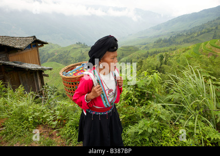 Long haired women from Huangluo Yao Village These women only have one haircut during their life Ping An Rice Terraces Longsheng Stock Photo