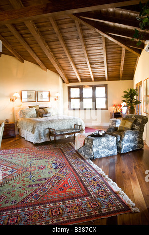 large master bedroom with vaulted ceilings and area rug Stock Photo