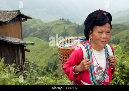 Long haired women from Huangluo Yao Village These women only have one haircut during their life Ping An Rice Terraces Longsheng Stock Photo