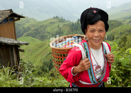 Long haired women from Huangluo Yao Village These women only have one haircut during their life Ping An Rice Terraces Longsheng Stock Photo