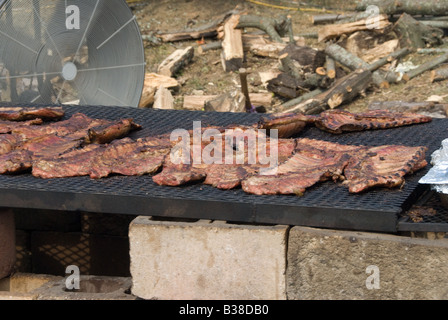 Large selection of pork ribs being cooked on a homemade grill with blocks and grid screen. Stock Photo