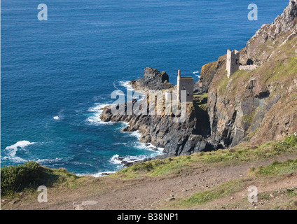 Two disused engine houses at Crowns Shaft, Botallack Tin Mine, on the North Coast of West Cornwall at Botallack - St.Just Area. Stock Photo