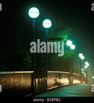 many lighted street lamps reflection on wet lane dissipation of energy, Germany Stock Photo