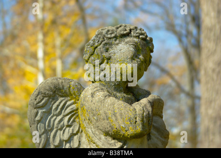 A mossy stone angel stands watch in a graveyard with fall colors in background. Stock Photo