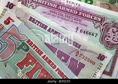 The British Armed Forces issued their own banknotes between 1948 and 1972. Since 2003, they have issued their own small change Stock Photo