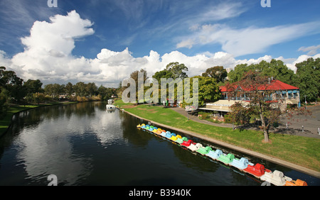 Paddleboats lined up along the River Torrens Adelaide South Australia on a sunny day Stock Photo