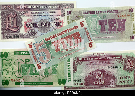 The British Armed Forces issued their own banknotes between 1948 and 1972. Since 2003, they have issued their own small change Stock Photo
