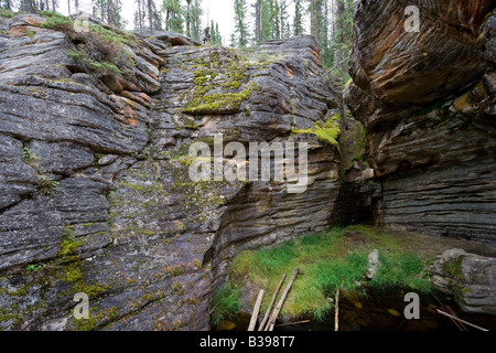 old dry riverbed of athabasca river - rock formation in jasper national park, canadian rockies Stock Photo