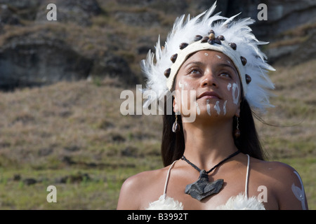 Portrait of Rapa Nui islander in traditional costume on Easter Island, Chile. Close up. Stock Photo